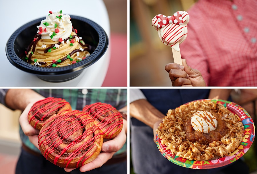 Christmas Cookie Sundae, Gingerbread Almond Cake Pop, Mickey Cinnamon Roll and Ginger Apple Funnel Cake from Magic Kingdom Park