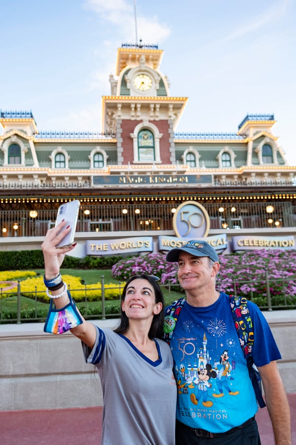 Guests take a selfie at Magic Kingdom Park, Oct. 1, 2021, on the 50th anniversary of Walt Disney World Resort