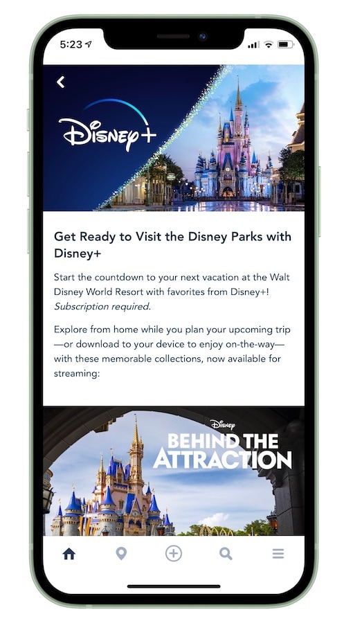 Example of Disney + content in the Walt Disney World My Disney Experience app