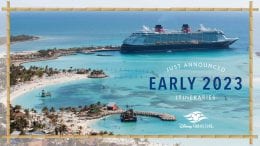 Disney Cruise Line ship at Castaway Cay graphic announcing the 2023 itineraries