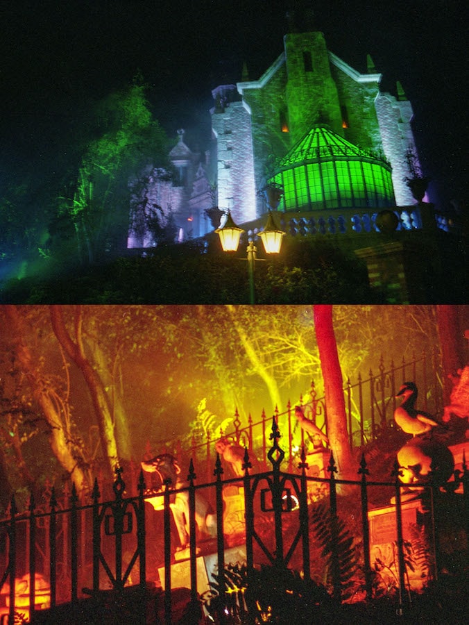 A collage of the Haunted Mansion at Magic Kingdom Park at night