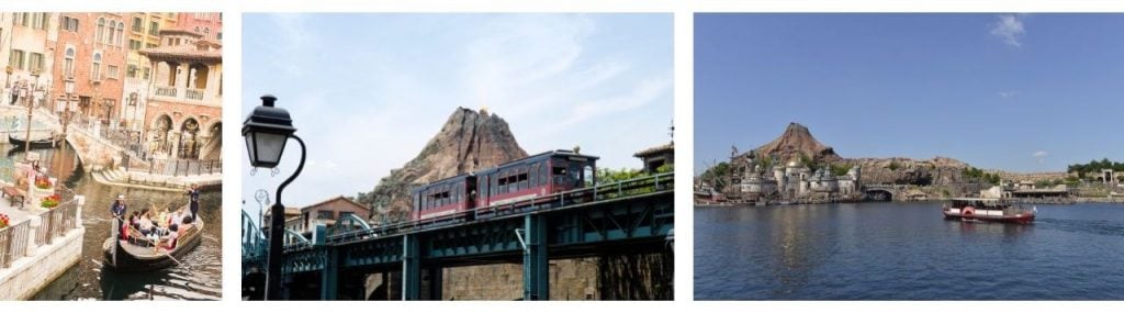 Venetian gondolas, DisneySea Electric Railway and DisneySea Transit Steamer Line at Tokyo DisneySea