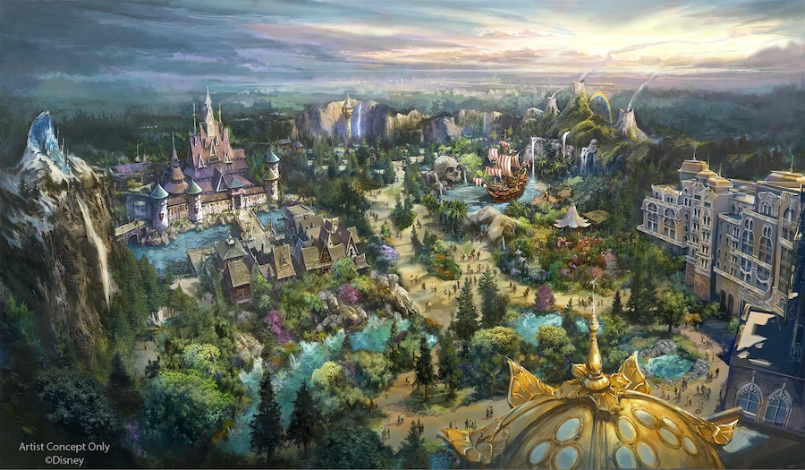 Representation of the new eighth theme port, Fantasy Springs, arriving at Tokyo DisneySea