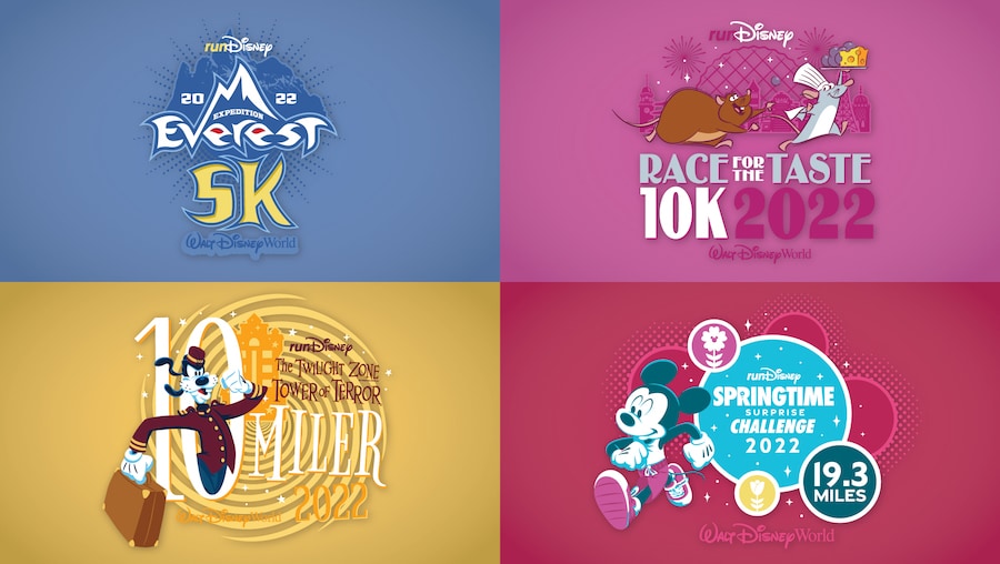 Collage of logos for the Expedition Everest 5K, Race for the Taste 10K, The Tower of Terror 10-Miler and the 2022 Springtime Surprise Weekend