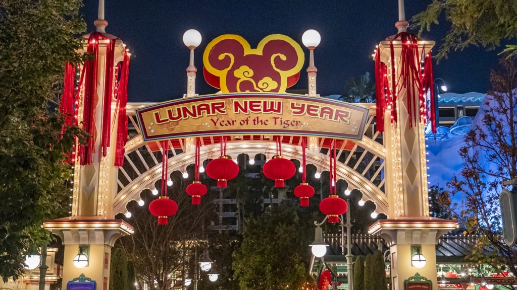 Nighttime image of the Lunar New Year marquee at Disney California Adventure Park