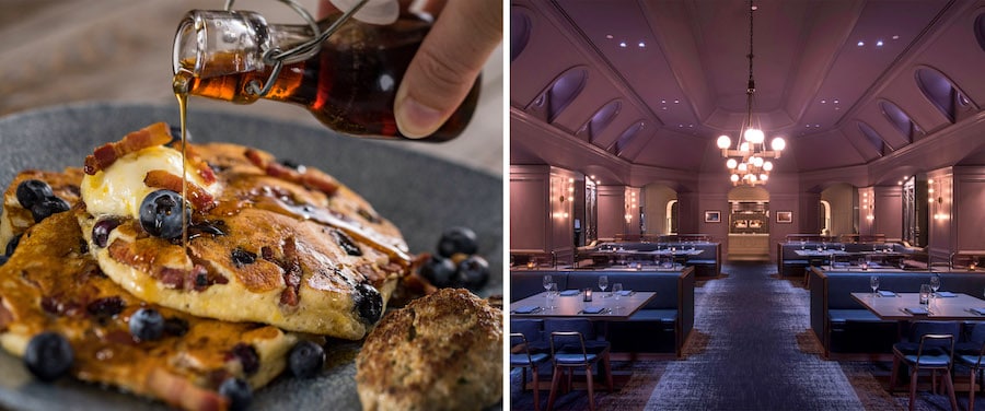 Image of Blueberry Bacon Pancakes and interior of Ale & Compass Restaurant
