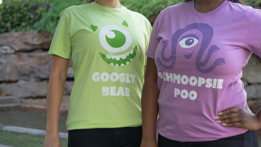 t-shirts featuring monsters inc. characters that reads "Googly Bear" and "Shmoopie Poo"