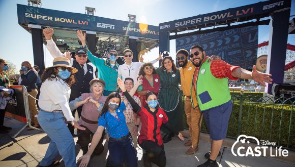Disneyland Resort cast members at Super Bowl stage in Pixar Pier
