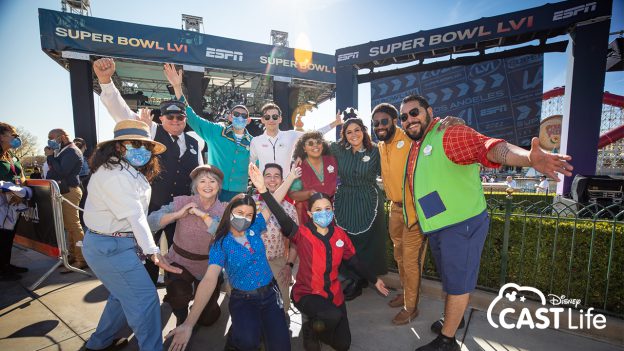 Disneyland Resort cast members at Super Bowl stage in Pixar Pier
