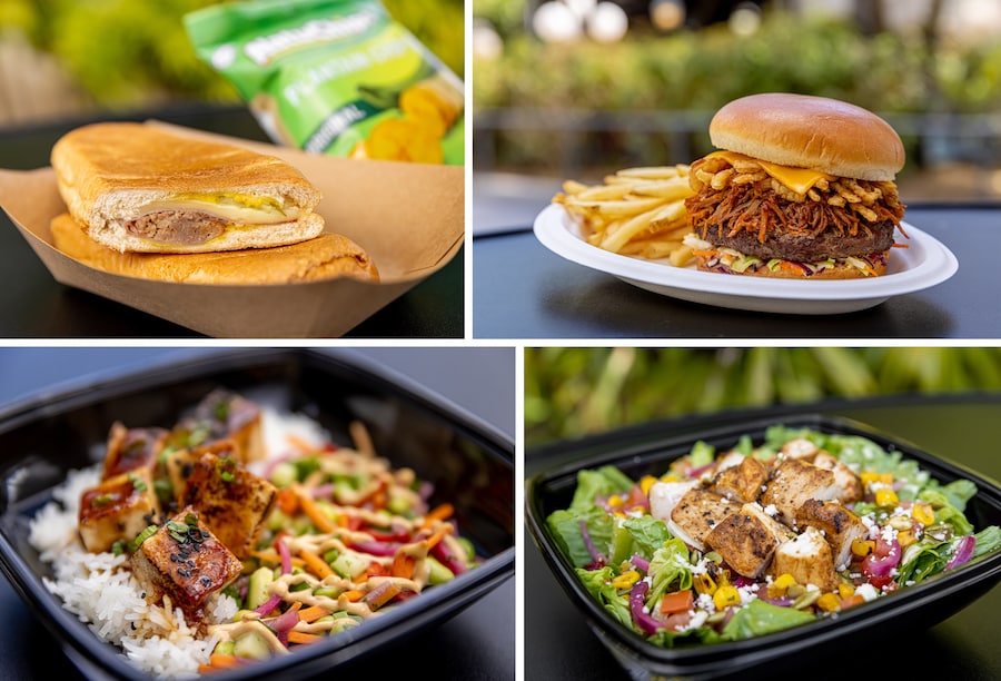 Cuban Sandwich, Smoked BBQ Pulled Pork Burger, Teriyaki Tofu Bowl, and Chicken Southwest Salad at Disney’s Hollywood Studios