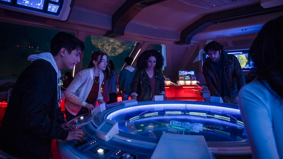 Passengers learn the systems of the Halcyon starcruiser from the ship’s Bridge in Star Wars: Galactic Starcruiser at Walt Disney World Resort 