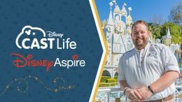 Disney Aspire graphic featuring a cast member in front of "it's a small world"