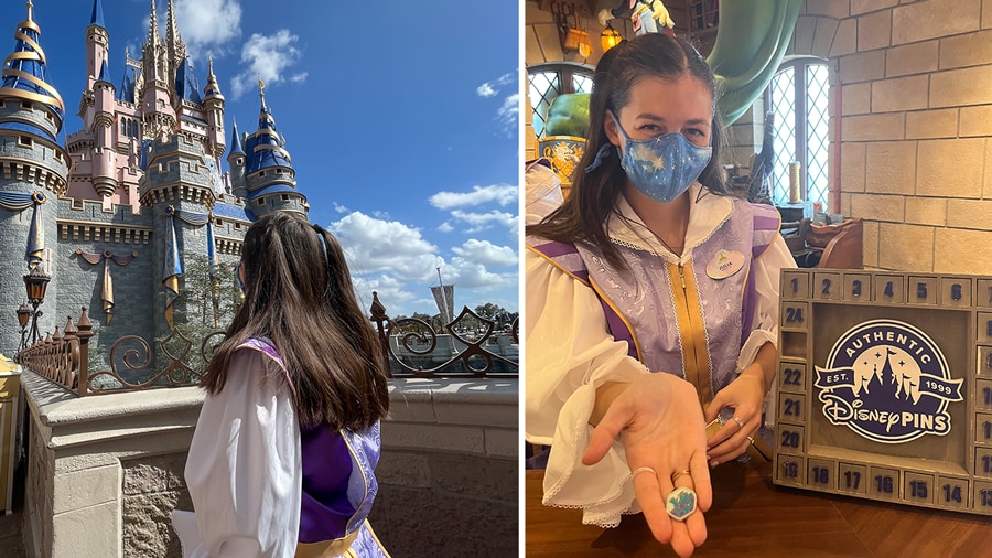 Julia in front of Cinderella's Castle and in Fantasyland trading pins