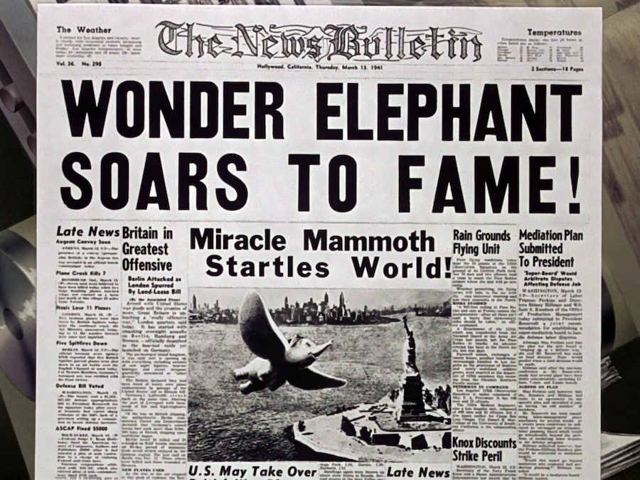 With a little help from the (now defunct) Hollywood Citizen-News, Disney artists created their own March 13, 1941 newspaper to showcase Dumbo's new-found fame in the film's finale