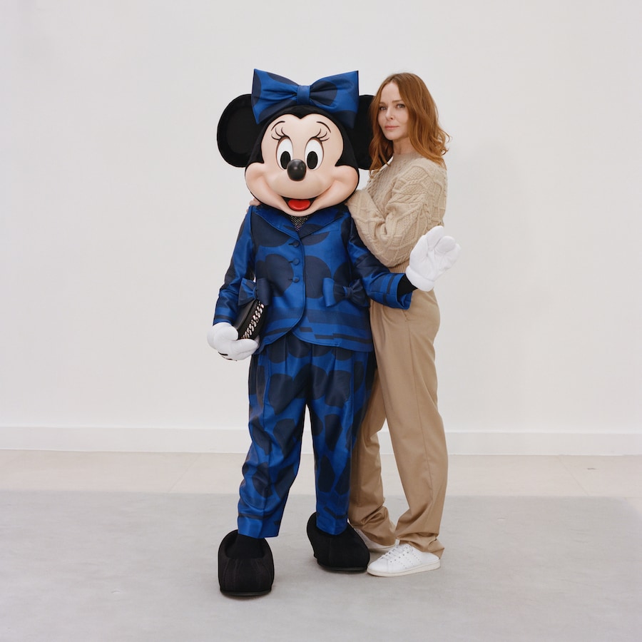 Designer Stella McCartney with Minnie Mouse in her brand-new pantsuit