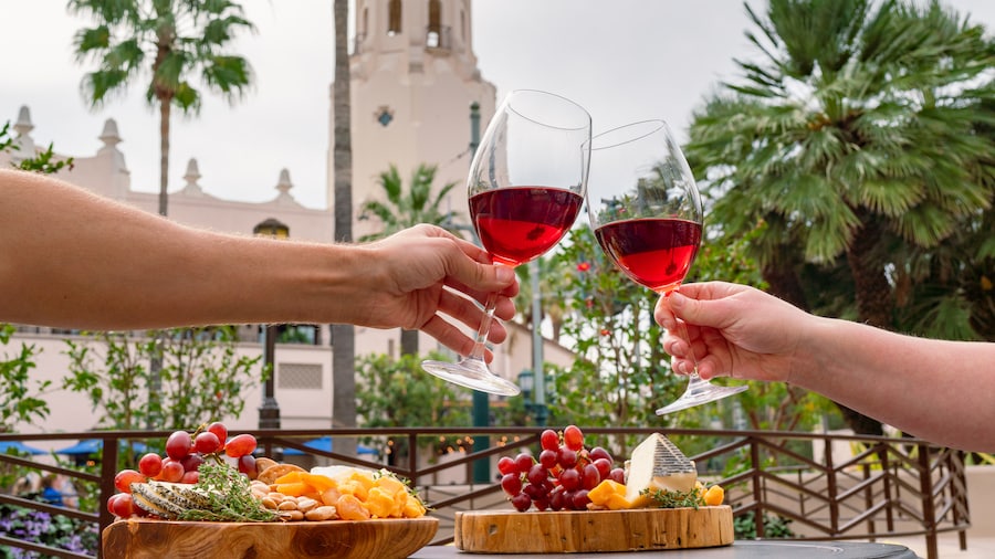 Wine glass and food options from the Disney California Adventure Food & Wine Festival