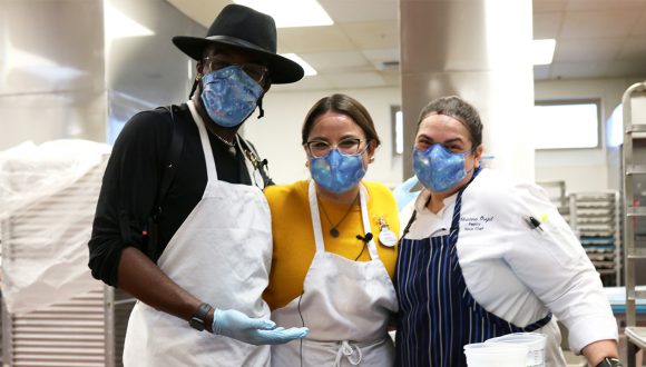 Disneyland Resort Ambassadors Nataly Guzman and Mark E. King Jr. with Pastry Sous Chef Christina Orejel at Central Bakery