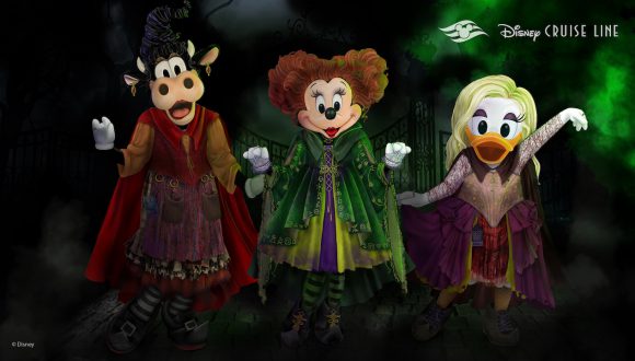 Minnie Mouse, Daisy Duck and Clarabelle Cow dressed up as the Sandersons from the movie “Hocus Pocus”