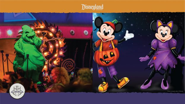 Graphic with Oogie Boogie and Mickey and Minnie Mouse in their halloween costumes