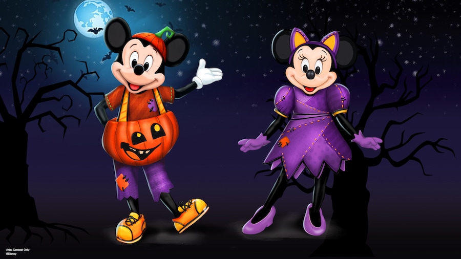 Rendering of the Halloween outfits Mickey Mouse and Minnie Mouse will don for the 2022 Halloween season
