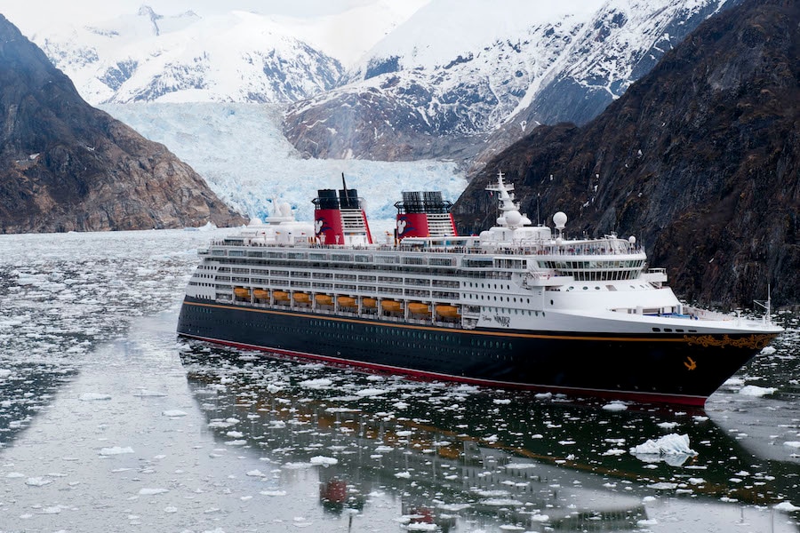 The Disney Wonder cruise ship sails past glaciers in Tracy Arm Fjord