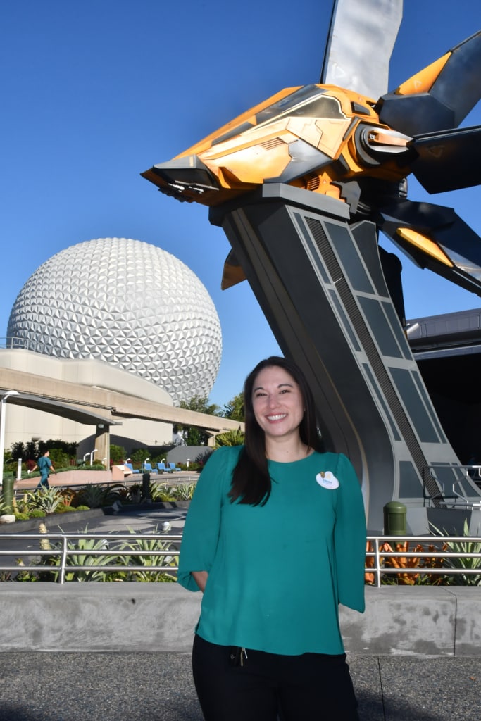 Sarah in front of Guardians of the Galaxy: Cosmic Rewind
