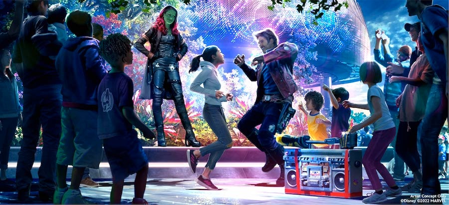 Star-Lord and Gamora dance with guest at Avengers Campus in Paris