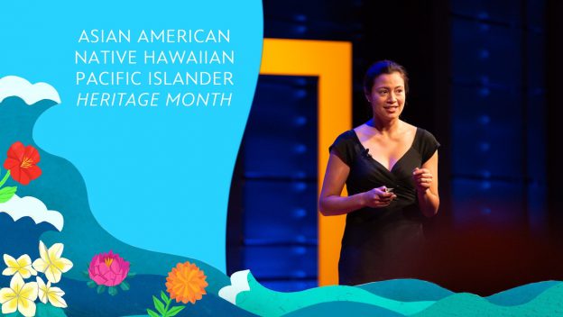 Asian American, Native Hawaiian, Pacific Islander Heritage Month artwork with speaker included in image