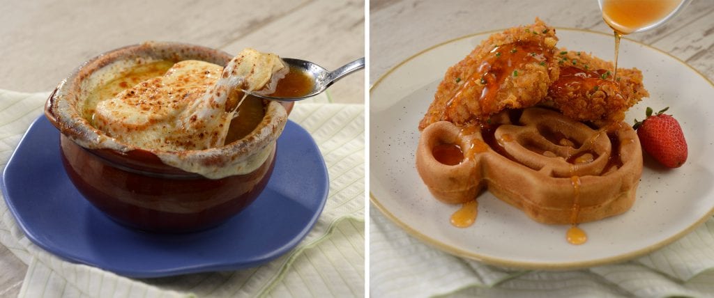 Caramelized Onion Soup Gratin and Chicken and Waffles with Mickey Waffle