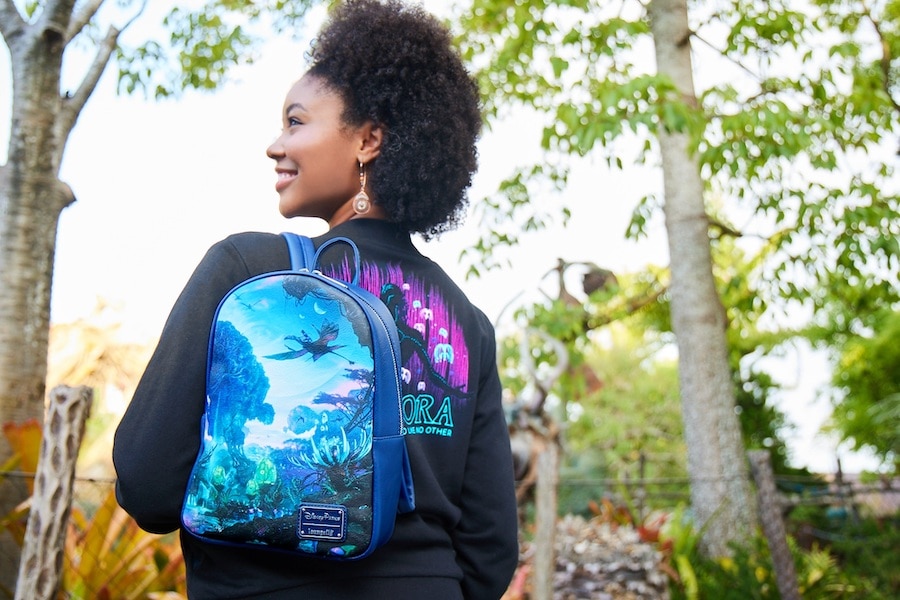 Bioluminescent beauty pictured on the back of jacket, plus Loungefly Mini Backpack with Pandoran landscape