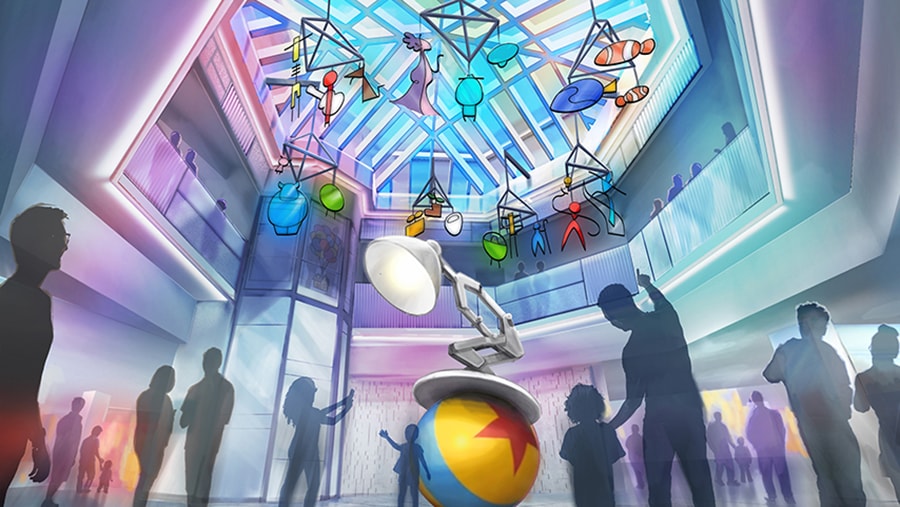Walt Disney Imagineering concept art of Disney's Paradise Pier Hotel's all-new Pixar theme
