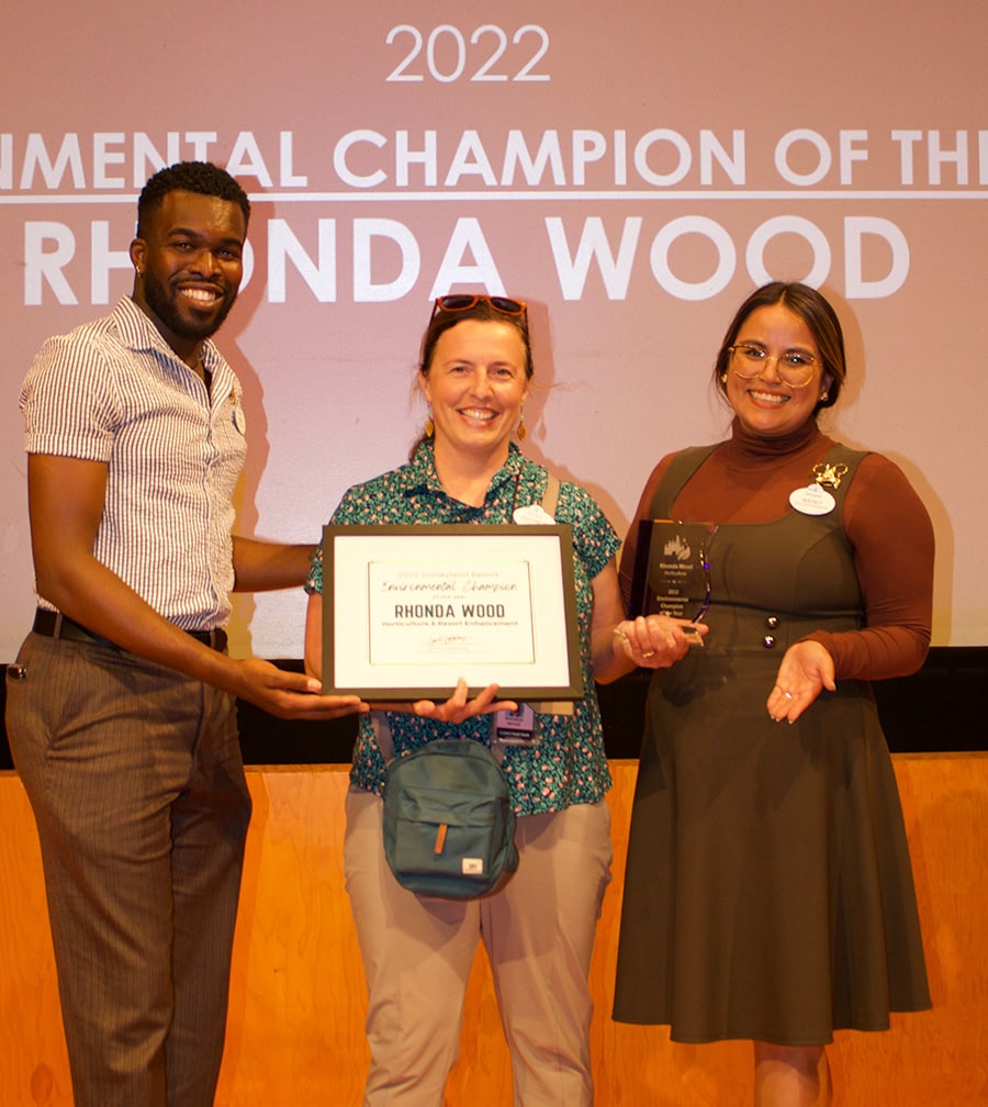 Disneyland Resort 2022 Environmental Champion of the Year – Rhonda Wood Horticulture & Resort Enhancement - with Ambassadors Mark and Nataly