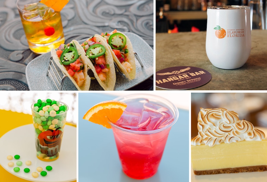Collage of dishes and beverages at Disney Springs inspired by Florida
