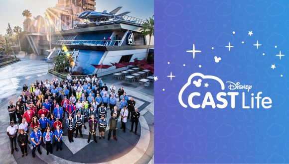 Cast members at Disney California Adventure park celebrating the anniversary of Avengers Campus