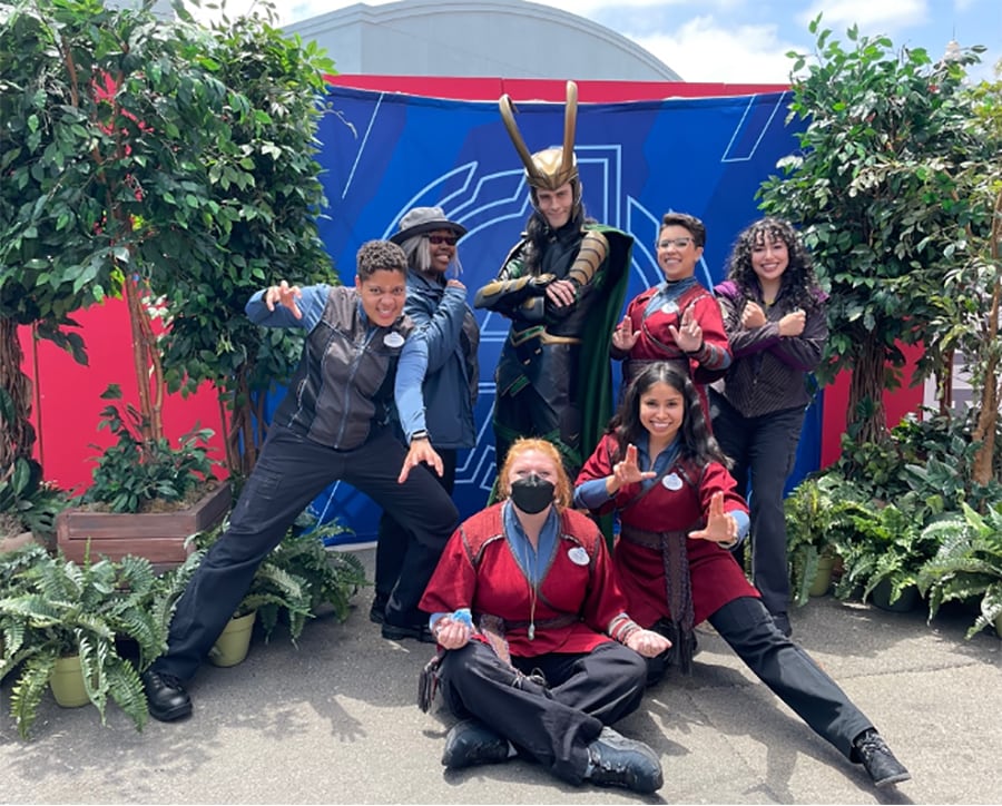 Avengers Campus Personnel with Loki at Avengers Campus in Disney California Adventure park