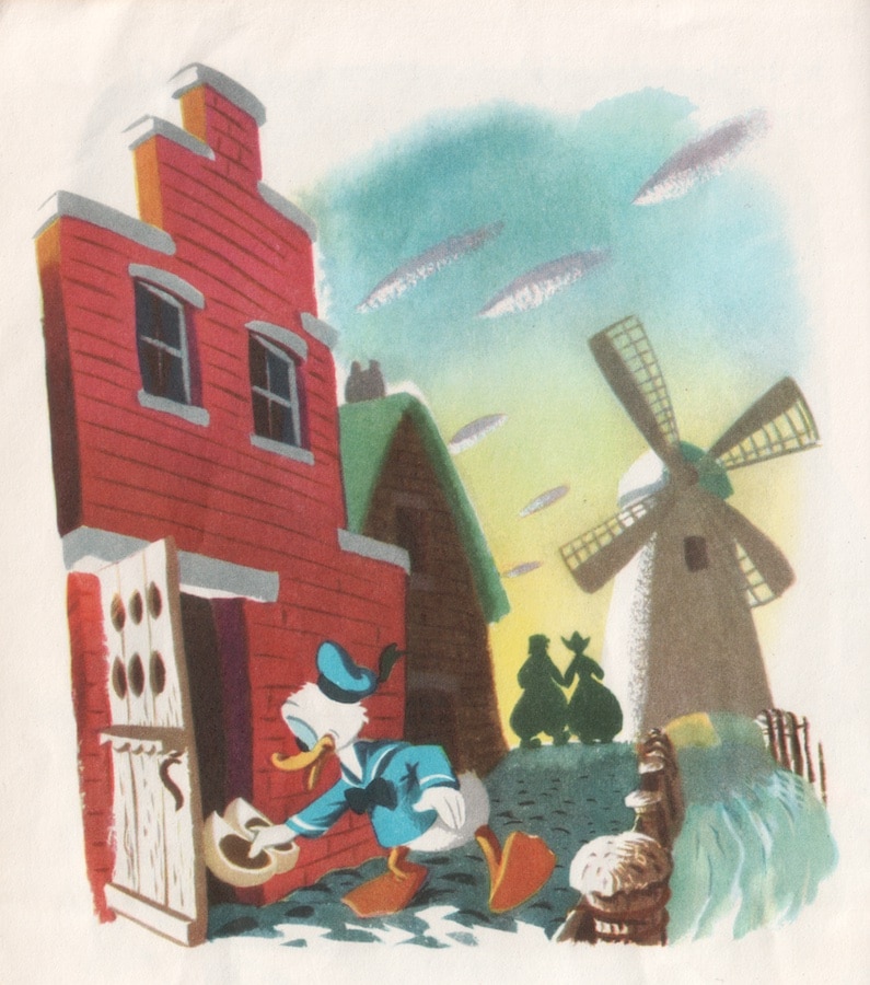 Donald places wooden shoes outside a Dutch door in this "Donald Duck and Santa Claus" illustration by Disney Legend Al Dempster. (Book from author's collection)
