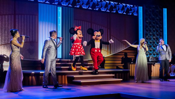 Mickey Mouse and Minnie Mouse with performers at the 2019 Walt Disney Legacy Award recipients at Disneyland Hotel