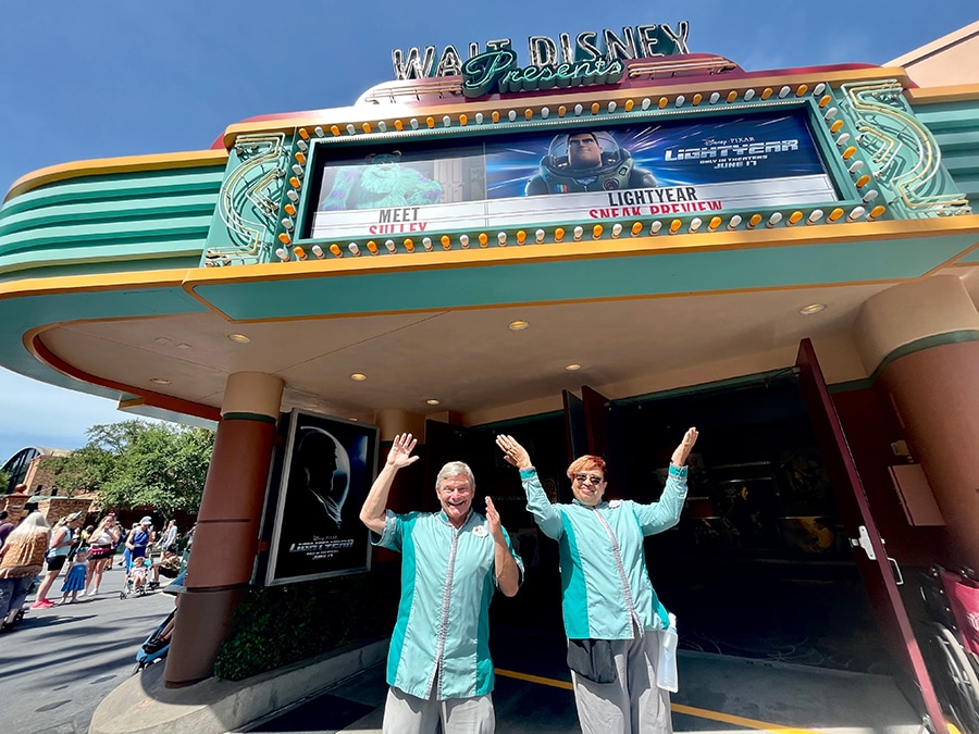 Walt Disney World Resort cast members John and Sidonie in front of a sneak preview for Disney and Pixar's "Lightyear" at Disney's Hollywood Studios