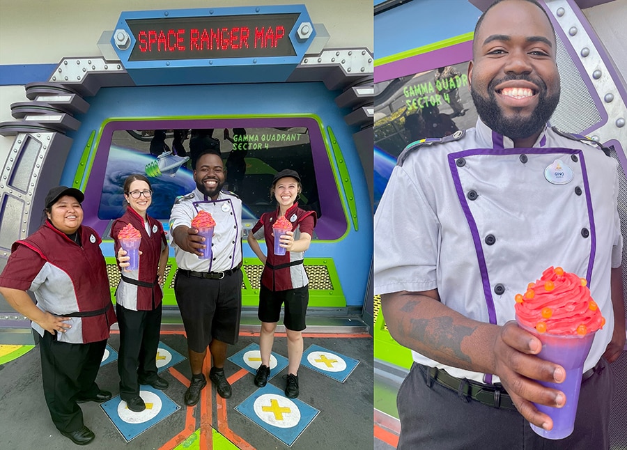 Cast members at Auntie Gravity’s Galactic Goodies at Magic Kingdom park with the "Zurg-Freeze" treat inspired by Disney and Pixar's "Lightyear"