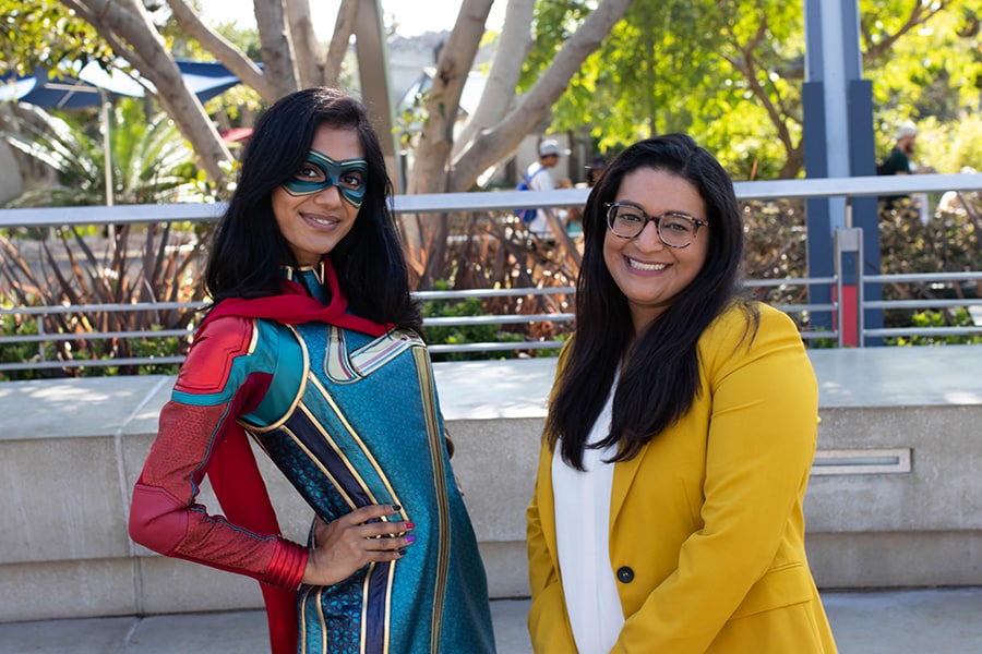 Cast member Sana with Ms. Marvel at Disney California Adventure park - photo by Suzie Katz