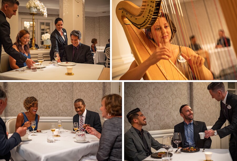 Collage of guests enjoying dining and harp player at Victoria & Albert’s 