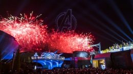 Drones and fireworks over Avengers Campus at Disneyland Paris