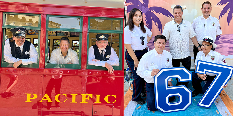 Ken Potrock, President of Disneyland Resort, posing with cast members during the 67th anniversary