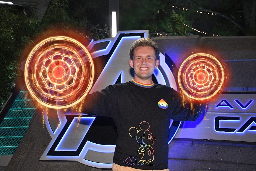 A cast member at Avengers Campus celebrating Disneyland Resort's 67th anniversary