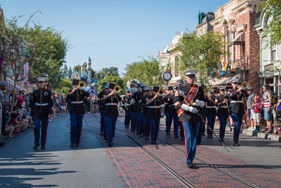 The 1st Marine Division Band marches down Main Street U.S.A (photo from 2018)