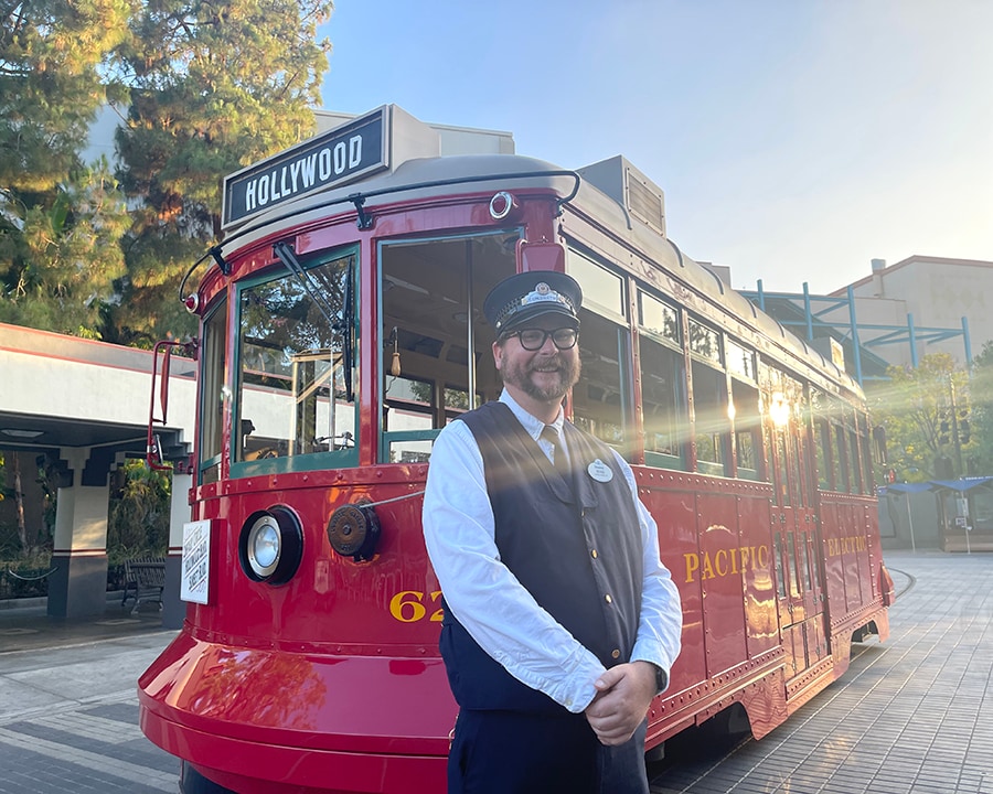 Cast member Ryan with the Red Car Trolley at Disney California Adventure park