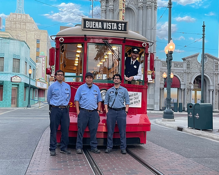Cast members with the Red Car Trolley at Disney California Adventure park