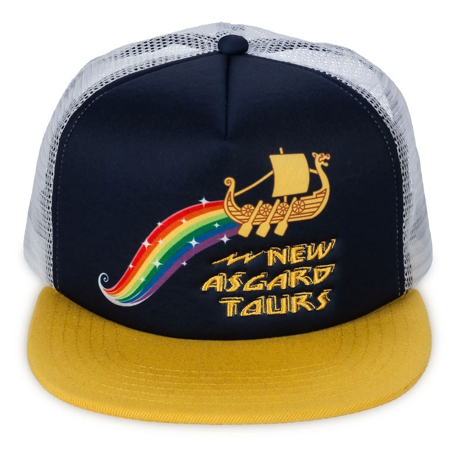 New souvenir trucker hat with colorful logo displaying ''New Asgard Tours"