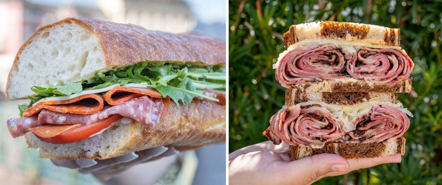 The first photo is a signature Italian Sub is built with layer upon layer of thinly sliced capicola, sopresseta, and pepperoni with provolone, arugula, tomato, arugula pesto, and mayonnaise on fresh-baked ciabatta bread. The second photo is the Warm Pastrami Reuben which is a classic deli staple, with generous rolls of thin-sliced warm pastrami topped with sauerkraut, Swiss cheese, and Thousand Island dressing on marble rye bread.