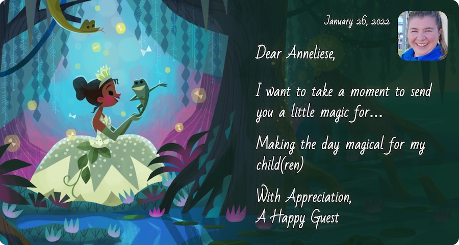 This is an appreciation note with character artwork, an example of the recognition cast members will receive.